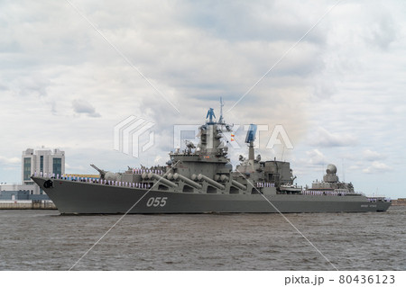 Russia. Kronstadt. The large missile cruiser Marshal Ustinov of Project 1164 passes near the coast of Kronstadt during the naval parade on July 25, 2021. 80436123