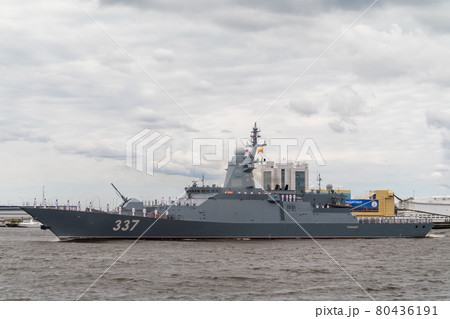 Russia. Kronstadt. The new military corvette Rattling project 20385 passes near Kronstadt during the naval parade on July 25, 2021. 80436191
