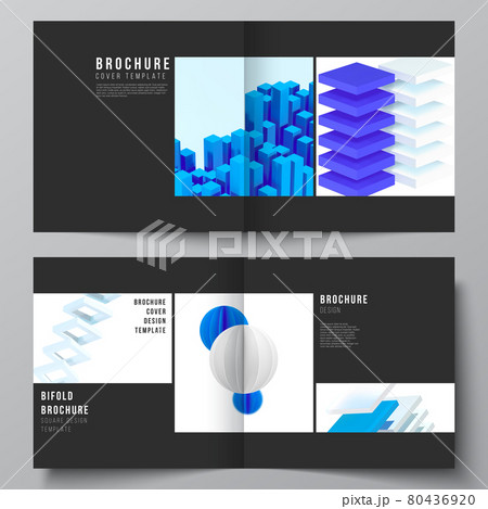 Vector layout of two covers template for square bifold brochure, flyer, magazine, cover design, book design, brochure cover. 3d render vector composition with realistic geometric blue shapes in motion Vector layout of two covers template for square bifold brochure, flyer, magazine, cover design, book design, brochure cover. 3d render vector composition with realistic geometric blue shapes in motion 80436920
