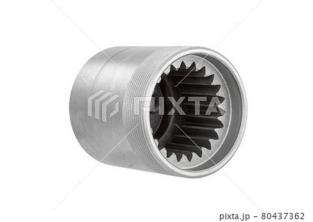iron cup replacement details of polystyrol machine concrete pump with external thread and internal gear, spare part isolated on white background. 80437362