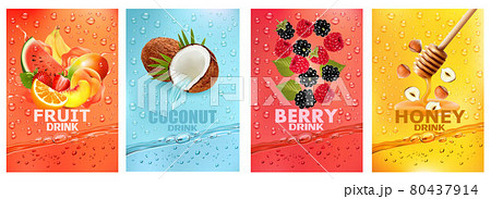 Set of labels with fruit and berry drink. Fresh fruits juice splashing together- watermelon, banana, mango, orange, strawberry, raspberry, coconut, honey, nut juice drink splashing. Vector Set of labels with fruit and berry drink. Fresh fruits juice splashing together- watermelon, banana, mango, orange, strawberry, raspberry, coconut, honey, nut juice drink splashing. Vector 80437914