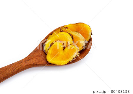 Phlai slices, Cassumumr ginger or zingiber montanum on white background. 80438138