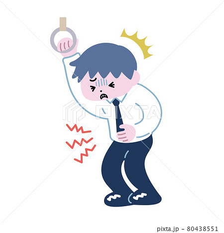 電車内で 急な腹痛で苦しそうにお腹を押さえているスーツの男性のイラスト素材