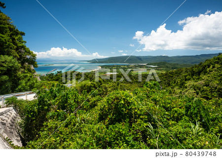 Top road view of a tropical island village, turquoise sea, green vegetation, blue sky. Iriomote Island. Top road view of a tropical island village, turquoise sea, green vegetation, blue sky. Iriomote Island. 80439748