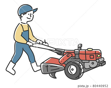 歩行型トラクターを操作する若い男性 80440952
