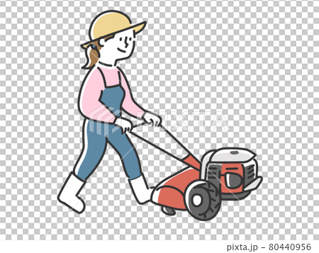 A woman who enjoys gardening by plowing a garden with a small management machine 80440956
