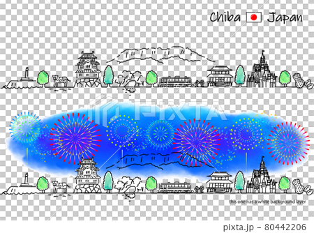 Chiba cityscape and fireworks simple line drawing set Chiba cityscape and fireworks simple line drawing set 80442206
