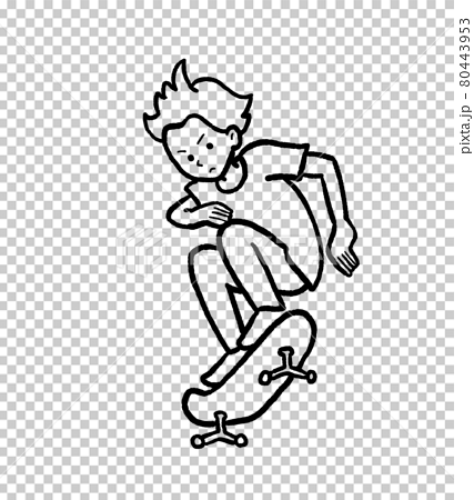 スケートボードをする少年のイラスト 線画のイラスト素材