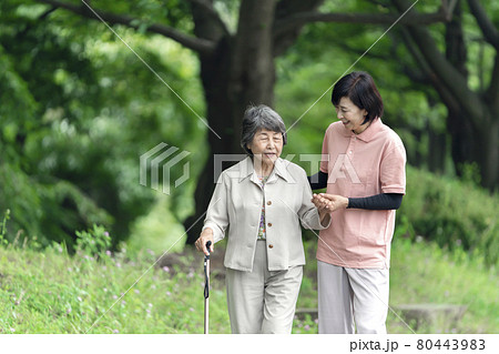 公園で散歩するシニア女性と介護士 80443983