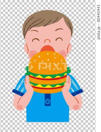 A boy trying to put on a big hamburger 80445441
