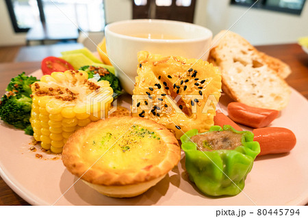 hearty breakfast on desk hearty breakfast on desk 80445794