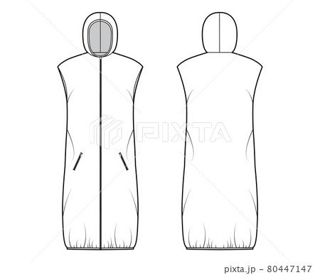 Down vest puffer waistcoat technical fashion illustration with hoody collar, zip-up closure, pockets, loose, knee length Down vest puffer waistcoat technical fashion illustration with hoody collar, zip-up closure, pockets, loose, knee length 80447147