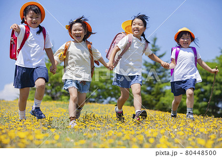 花畑を歩くランドセルを背負った小学生 花畑を歩くランドセルを背負った小学生 80448500