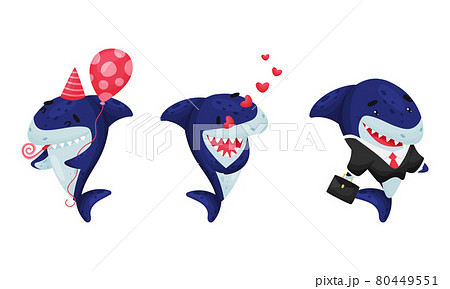 Blue Toothy Cartoon Shark Wearing Office Suit and Holding Balloon Vector Set 80449551