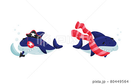 Blue Toothy Cartoon Shark Wearing Scarf and Holding Pirate Sword Vector Set 80449564