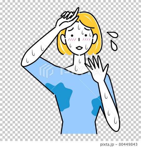 一個可愛的女人，因為她出汗很多而陷入困境 大量不可阻擋的汗水插圖 簡單矢量 80449843