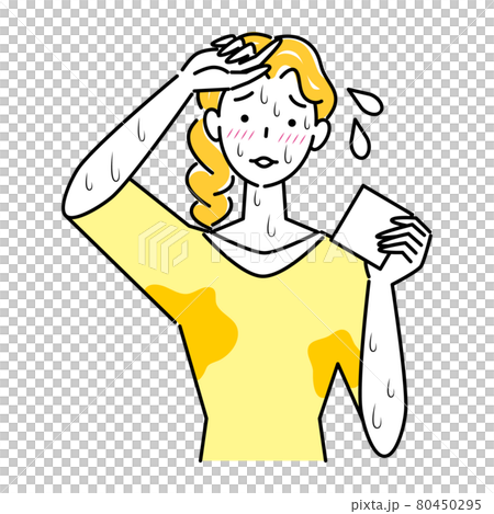 とても汗をかきやすい体質で困っている可愛い女性 大量の止まらない汗 イラスト シンプル ベクターのイラスト素材