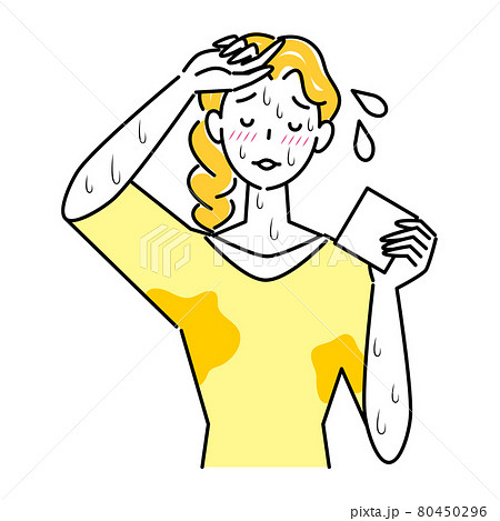 とても汗をかきやすい体質で困っている可愛い女性 大量の止まらない汗 イラスト シンプル ベクターのイラスト素材