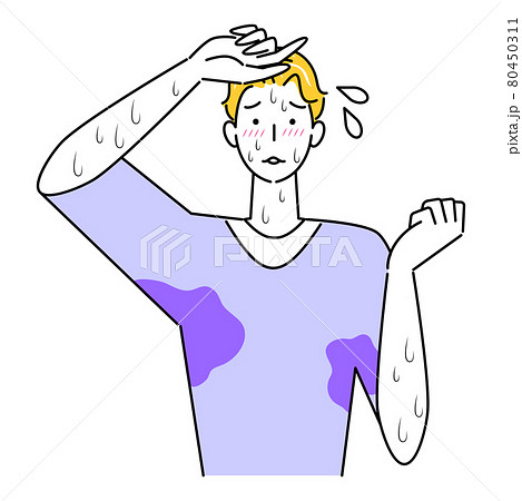 とても汗をかきやすい体質で困っている可愛い男性 大量の止まらない汗 イラスト シンプル ベクター 80450311