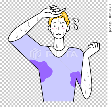 とても汗をかきやすい体質で困っている可愛い男性 大量の止まらない汗 イラスト シンプル ベクター 80450311