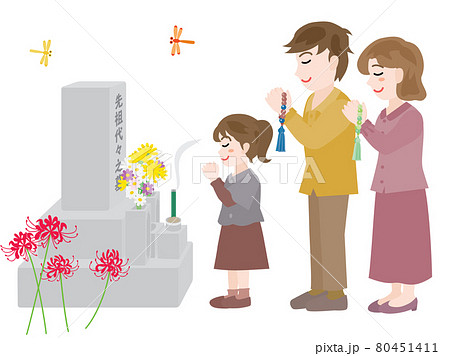 秋のお彼岸にお墓参りをする3人家族 秋のお彼岸にお墓参りをする3人家族 80451411