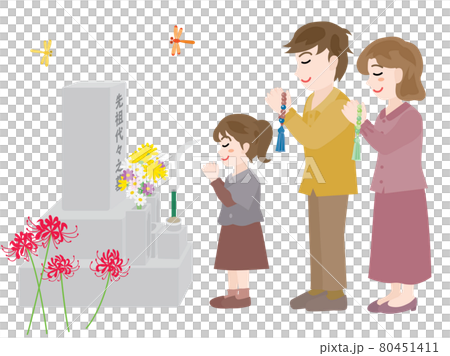 秋のお彼岸にお墓参りをする3人家族 秋のお彼岸にお墓参りをする3人家族 80451411