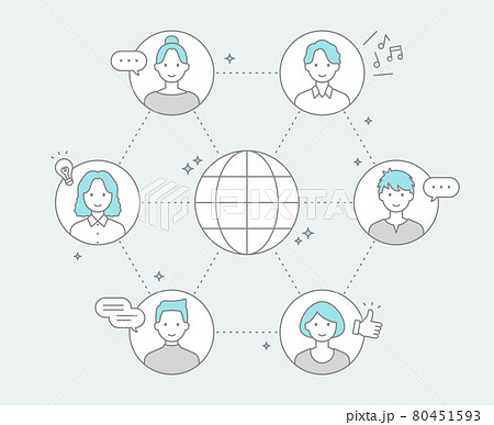 オンラインコミュニティの線画 人々がネットワークを通じてコミュニケーションしている様子のイラスト素材