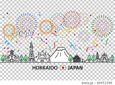 北海道の街並みと5色の紙吹雪と花火のシンプル線画 80451596