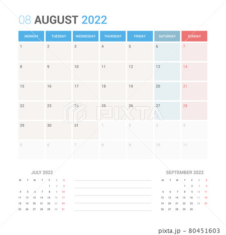 August 2022 Planner Calendar Week starts on Monday. Simple and clean calendar design planner template vector. August 2022 Planner Calendar Week starts on Monday. Simple and clean calendar design planner template vector. 80451603