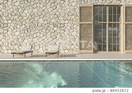 Scandinavian modern design outdoor terrace with chaise lounge and swimming pool. Mock up wall background. 3d render illustration farmhouse style. 80452672