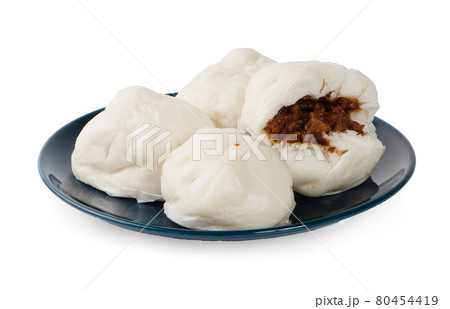 Salapao steamed Chinese bun on dish with isolated white background 80454419