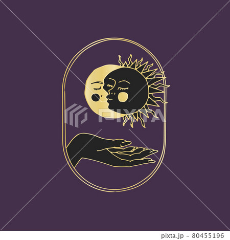 Vintage Mystic Sun and Moon Kissing illustration with decorative border 80455196