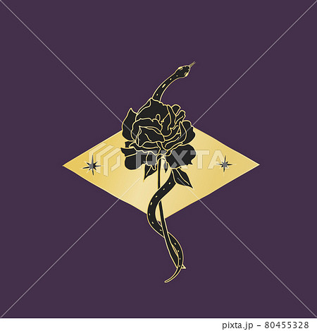 Vintage Gold and Black Mystic snake coiled around the rose flower. 80455328