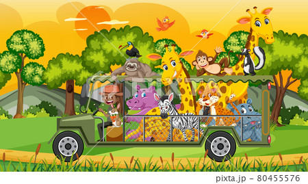 Safari scene with wild animals in the cage car 80455576