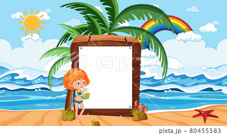 Kids on vacation at the beach daytime scene with an empty banner template Kids on vacation at the beach daytime scene with an empty banner template 80455583