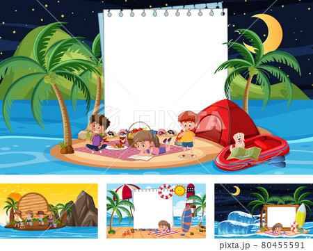 Set of blank banner in different tropical beach scenes 80455591