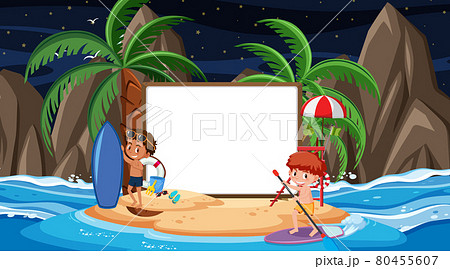 Kids on vacation at the beach night scene with an empty banner template. 80455607