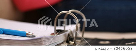 binder with documents lie on sofa young woman work on laptop 80456058
