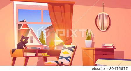 Workplace in boho style with kitten on wood table 80456657