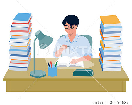 本に埋もれた机に向かって勉強する男性のベクターイラスト 80456687