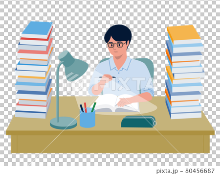 本に埋もれた机に向かって勉強する男性のベクターイラスト 80456687