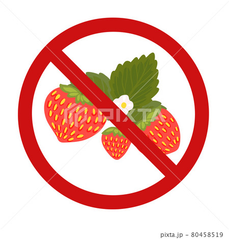 Cartoon flat strawberry with foliage in a prohibition sign. Danger of fruit allergies. Ban on sweet berries. Vector forbidden sign 80458519