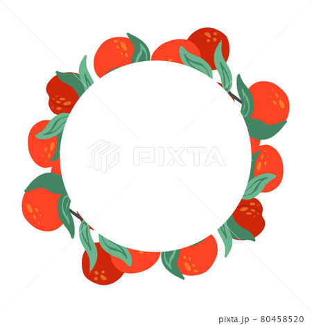 Round frame with nectarine, foliage, stems and place for text. Circle border with summer cartoon sweet berries for the menu. Vector flat template 80458520
