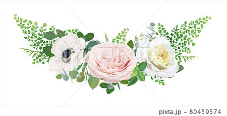 Vector editable floral bouquet illustration. White anemone flower, pink quartz, light yellow roses, fern leaves, eucalyptus branches. Wedding beautiful invitation, save the date card. Designer element 80459574