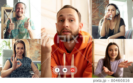 Speaker. Team working by group video call share ideas brainstorming use video conference. Collage Speaker. Team working by group video call share ideas brainstorming use video conference. Collage 80460816