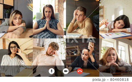 Hard working day. Team working by group video call share ideas brainstorming use video conference. Collage 80460818