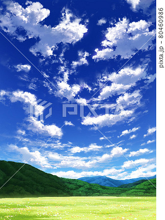 【縦長用】青空と雲07_山01_草原04 80460986