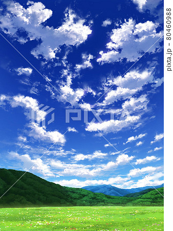 縦長用 青空と雲07 山01 草原02のイラスト素材