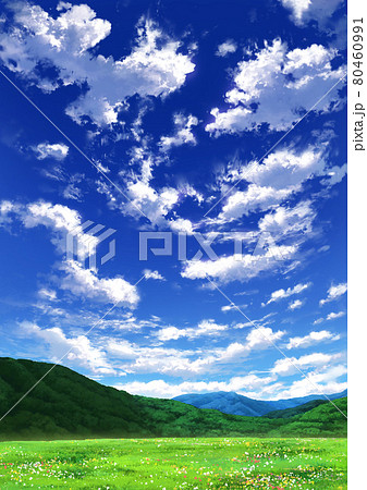 縦長用 青空と雲07 山01 草原01のイラスト素材