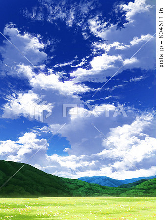 縦長用 青空と雲10 山01 草原04のイラスト素材